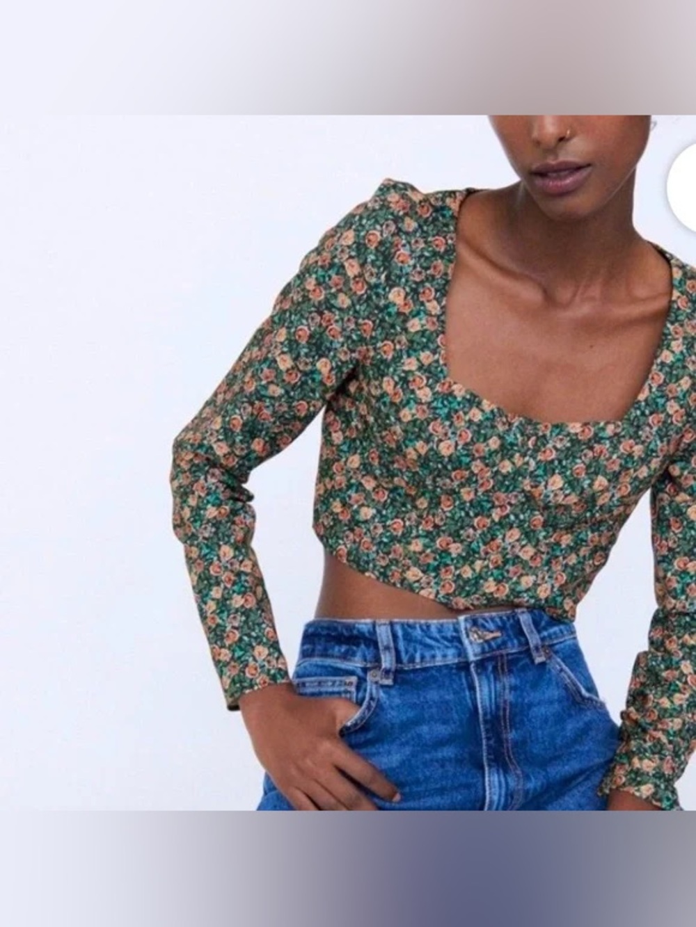 Nwt Zara women’s Green Floral Square-Neck Cropped Blouse top xs